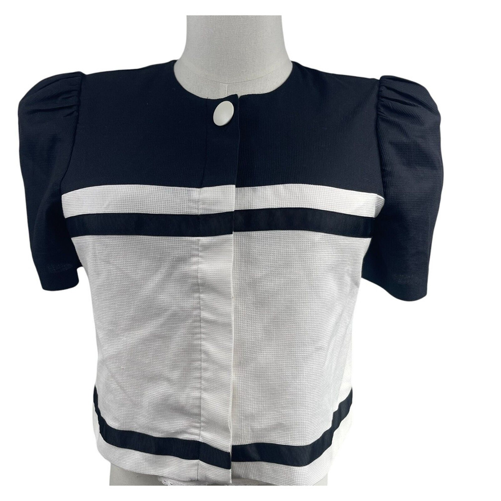 VTG 80's Black White Button Top L Puff Sleeves Office Granny Academia Secretary